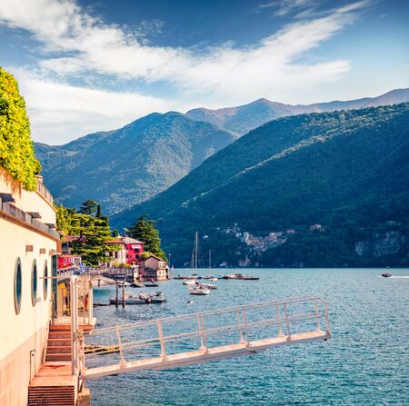 Laglio town is a small town on the Como lake, Province of Como, Lombardy region, Italy, Europe. Bright summer view of Italian Alps. Traveling concept background.の写真素材