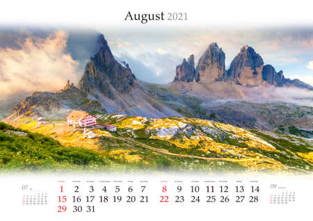Calendar August 2021, B3 size. Set of calendars with amazing landscapes. Rifugio Lacatelli in National Park Tre Cime di Lavaredo. Dolomites, South Tyrol. Auronzo location, Italy, Europe.の写真素材