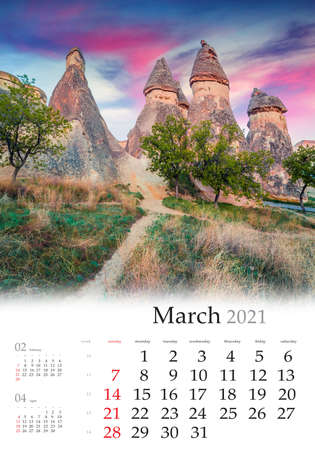 Calendar March 2021, vertical B3 size. Set of calendars with amazing landscapes. Magnificent fungous forms of sandstone in canyon near Cavusin village, Cappadocia, Turkey, Asia.の写真素材