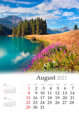 Calendar August 2021, vertical B3 size. Set of calendars with amazing landscapes. Colorful summer view of Champferersee lake. Sunny scene of Silvaplana village, Switzerland, Europe.の写真素材