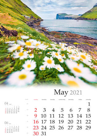 Calendar May 2021, vertical B3 size. Set of calendars with amazing landscapes. Blooming daisy flowers in Tjornuvik village. Beautiful morning scene of Eidiskollur cliffs, Faroe Islands, Denmark, Europe.の写真素材
