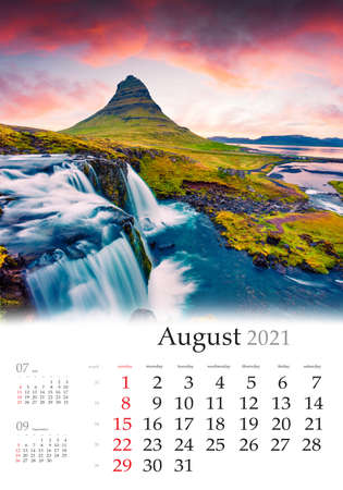 Calendar August 2021, vertical B3 size. Set of calendars with amazing landscapes. Summer sunset on famous Kirkjufellsfoss Waterfall and Kirkjufell mountain. Dramatic evening scene on Iceland, Europeの写真素材