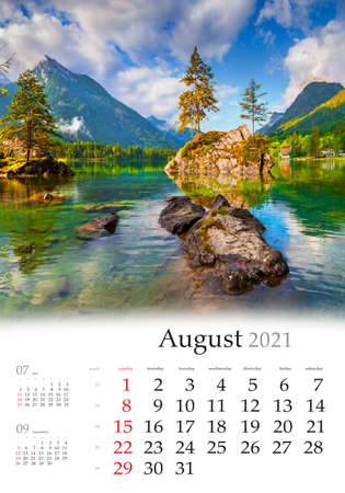 Calendar August 2021, vertical B3 size. Set of calendars with amazing landscapes. Sunny summer scene of Hintersee lake. Beautiful morning view of Bavarian Alps, Germany, Europe.の写真素材