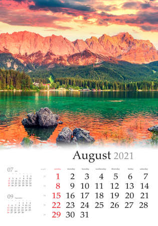 Calendar August 2021, vertical B3 size. Set of calendars with amazing landscapes. Colorful morning scene of Eibsee lake with Zugspitze mountain range on background, Bavarian Alps, Germany.の写真素材