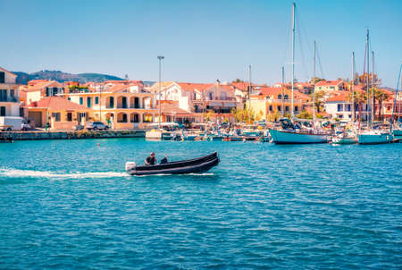 Bright morning view of Lixouri port. Amazing summer seascape of Ionian Sea. Romantic outdoor scene of Kefalonia island. Traveling concept background.の写真素材
