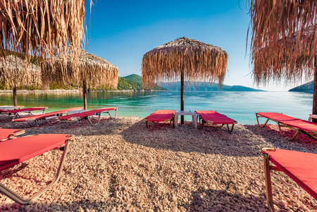 Adorable morning view of Antisamos Beach. Colorful spring seascape of Ionian Sea. Picturesque outdoor scene of Kefalonia island, Sami town location, Greece, Europe. Traveling concept background.の写真素材