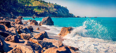 First warm day on Avali Beach. Panoramic morning seascape of Ionian sea. Beautiful spring scene of...