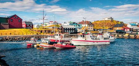 Bright summer view of Stykkisholmur port.Stunning morning scene of west Iceland, Europe. Traveling concept background.の写真素材