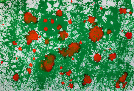 Abstract red and green watercolor on white background. Hand Made Backdrop. Brush Image. Spots of...
