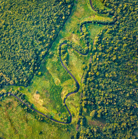 Straight dawn view from flying drone of Seret river, Ternopil region, Ukraine, Europe. Captivating...