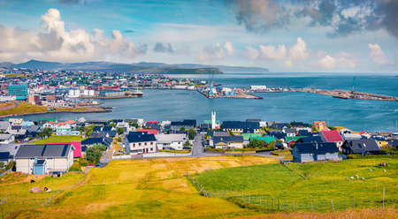landscape photography. Captivating summer cityscape of Torshavn town. Wonderful morning scene of Streymoy island, Faroe, Denmark, Europe. Travel concept background.の写真素材
