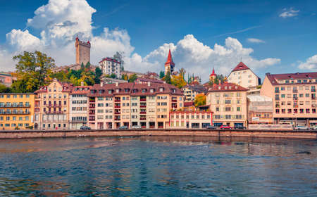 Beautiful autumn cityscape of Lucerne with Reuss river. Wonderful morning view of Switzerland, Europe. landscape photography. Travel concept background.の写真素材