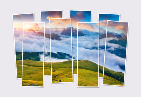 Isolated eight frames collage of picture of Dolomite Alps, South Tyrol, Italy, Europe. Splendid summer sunrise in the foggy mountain valley. Mock-up of modular photo.の写真素材