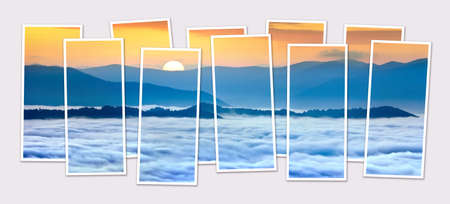 Isolated ten frames collage of picture of foggy sunrise in Carpathian mountains. Sea of fog spreads over mountain valley. Mock-up of modular photo.の写真素材