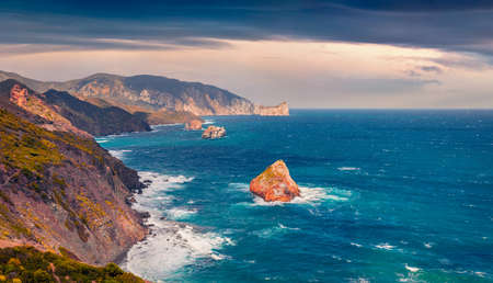 aerial landscape photography. Splendid summer view of popular tourist destination - Concali Su Terrainu. Exciting morning scene of Sardinia island, Italy, Europe. mediterranean seascape.の写真素材