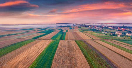beautiful rural scenery. Aerial summer view from flying drone of fields of wheat. Superb morning scene of Ukrainian countryside, Ternopil region, West Ukraine, Europe.の写真素材