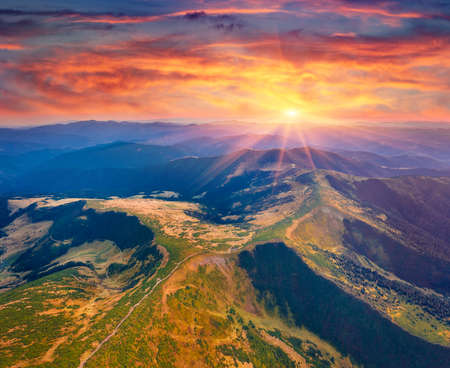 aerial landscape photography. Astonishing summer view from flying drone of Menchul mountain range. Unbelievable sunrisein Carpathian mountains, Ukraine, Europe. beautiful summer scenery.の写真素材