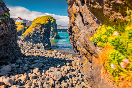 Beautiful Icelandic scenery. Colorful summer view of small fishing village at the foot of Mt. Stapafell - Arnarstapi or Stapi. Spectacular morning scene of Iceland, Europe. Travel concept background.の写真素材