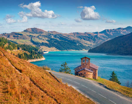 landscape photography. Spectacular autumn view of Roseland lake. Stunning morning scene of Auvergne-Rhone-Alpes, France, Europe. Beauty of nature concept background.の写真素材