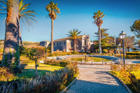Beautiful spring cityscape of Ragusa town. Sunny morning in Giardino Ibleo Garden. Splendid outdoor scene of Sicily, Italy, Europe. Travel concept background.の写真素材