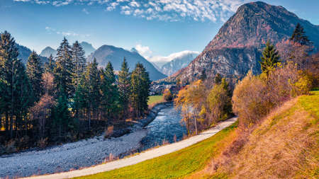aerial landscape photography. Bright autumn view of Triglav mountain range and Gozd Martuljek village with tourist trail. Splendid morning scene of Julian Alps, Slovenia, Europe.の写真素材