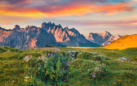 beautiful summer scenery. Rocky summer scene of National Park Tre Cime di Lavaredo with Cadini di Misurina range on background. Amazing morning view of Dolomite Alps, Italy, Europe.の写真素材