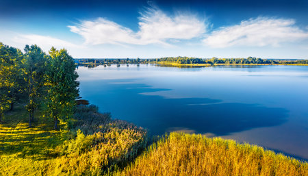 beautiful summer scenery. Bright morning view of Pishchans'ke lake. Amazing landscape of Shatsky...