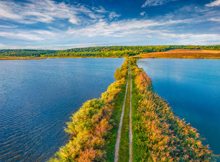 aerial landscape photography. Attractive summer scene of Vertelka lake, Ternopil region. Adorable morning view from flying drone of Ukrainian countryside. Travel concept background.の写真素材