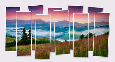 Isolated ten frames collage of picture of dramatic summer sunrise in Carpathian mountains. Amazing morning scene of foggy mountain valley. Mock-up of modular photo.の写真素材