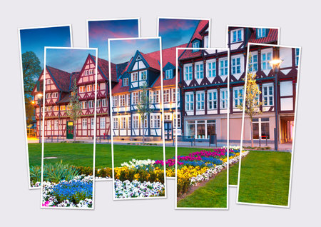 Isolated eight frames collage of picture of Wolfenbuttel village. Facade of authentic fahverk houses, Germany, Europe. Mock-up of modular photo.の写真素材