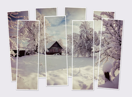 Isolated eight frames collage in retro style of picture of snowy winter scene of mountain village. Fabulous morning view of carpathian mountains. Mock-up of modular photo.の写真素材