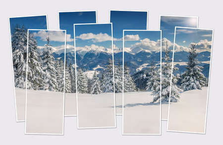 Isolated eight frames collage of picture of snowy winter scene of mountain valley. Picturesque morning view of the Carpathian mountains. Mock-up of modular photo.の写真素材