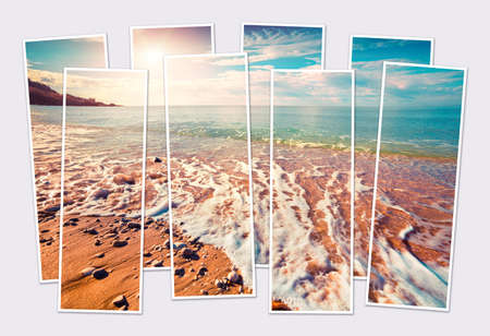 Isolated eight frames collage of picture of azure Mediterranean seascape. Calm morning scene of Makauda beach, Sciacca, Sicilia, Italy, Europe. Mock-up of modular photo.の写真素材
