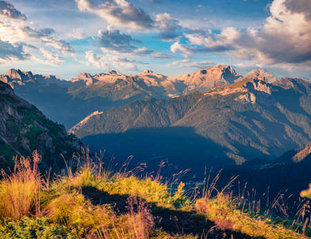 beautiful autumn scenery. Sunny morning view of Piz Boe group from Passo di Giau. Majestic summer scene of Dolomite Alps, Cortina d'Ampezzo location, South Tyrol, Italy, Europe.の写真素材