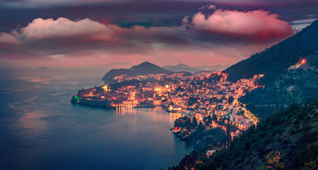 aerial landscape photography. Panoramic evening view of Dubrovnik city. Captivating summer sunset in Croatia, Europe. Beautiful world of Mediterranean countries. Travel concept background.の写真素材