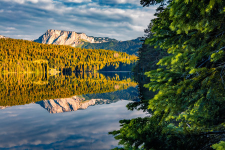 Gorgeous morning view of Black Lake, Crno Jezero with fir branches. Spectacular summer scene of Durmitor Nacionalni Park, Zabljak location, Montenegro, Europe. Travel concept background.の写真素材