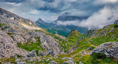 Dramatic morning view of Sass de Stria peak. Stunning summer scene of Dolomiti Alps, Cortina d'Ampezzo, Falzarego pass, Italy, Europe. beauty of nature concept background.の写真素材