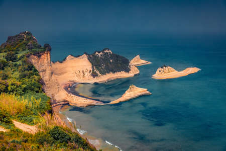 exotic marine scenery. Splendid summer view of Cape Drastis theme park. Fantastic morning seascape of Ionian sea. Beautiful outdoor scene of Corfu island, Greece, Europe.の写真素材