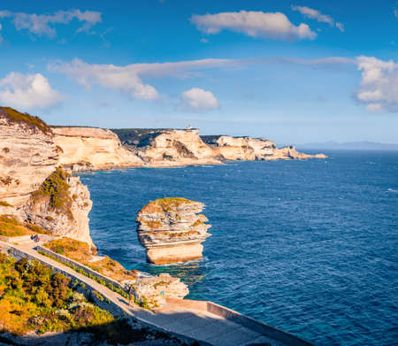 beautiful marine scenery. Picturesque morning scene of famous Bonifacio cliffs - Le Grain de sable. Spectacular summer view of Corsica island, France, Europe. Brigth Mediterranean seascape.の写真素材