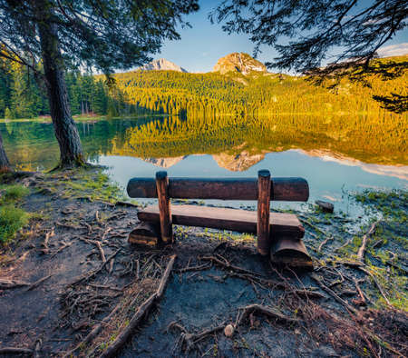 Attractive morning view of Black Lake ( Crno Jezero ) with bench on the shore. Wonderful summer scene of Durmitor Nacionalni Park, Zabljak location, Montenegro, Europe.の写真素材