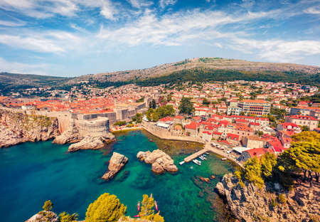 Charm of the ancient cities of Europe. Aerial morning view of the famous Fort Bokar in the city of Dubrovnik. Sunny summer seascape of the Adriatic Sea, Croatia, Europe. Beautiful world of Mediterranean countries.の写真素材