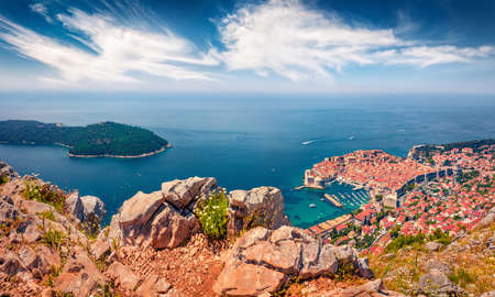 aerial landscape photography. Incredible morning view of Dubrovnik city. Astonishing spring scene of Croatia, Europe. Beautiful world of Mediterranean countries. Travel concept background.の写真素材