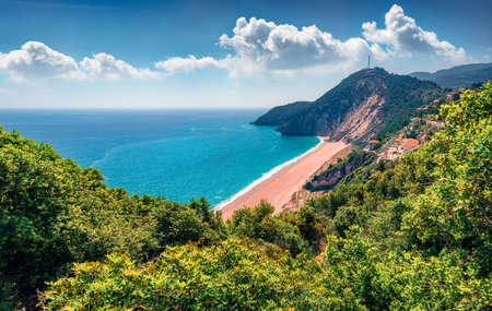 aerial landscape photography. Wonderful summer scene of Milos Beach. Exciting morning seascape of Ionian sea. Fresh green view of Lefkada Island, Greece, Europe.の写真素材