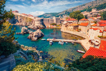 Charm of the ancient cities of Europe. Aerial mornig view of Old Town from Fort Bokar. Picturesque summer cityscape of Dubrovnik. Sunny seascape of the Adriatic Sea, Croatia, Europe.の写真素材