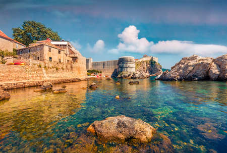 Charm of the ancient cities of Europe. Sunny morning view of the famous Fort Bokar in the city of Dubrovnik. Captivating summer seascape of the Adriatic Sea, Croatia. Beautiful world of Mediterranean countries.の写真素材