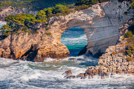 Stormy weather in Gargano National Park, Torre di San Felice location, Apulia region, Italy, Europe. Fantastic morning seascape of the Adriatic sea. Beauty of nature concept background.の写真素材