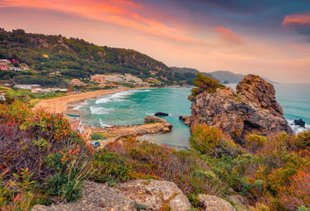 beautiful marine scenery. Fantastic summer view of Pelekas beach. Exciting morning seascape of Ionian Sea, Corfu island, Kontogialos health resort, Greece, Europe. Travel concept background.の写真素材
