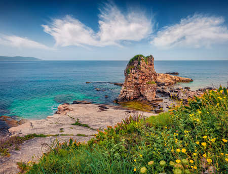Splendid summer view of Kanoni Beach. Wonderful morning seascape of Ionian Sea. Attractive outdoor scene of Kassiopi village and resort, Corfu island, Greece, Europe. Travel concept background.の写真素材