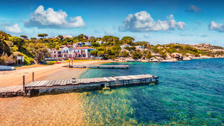 beautiful marine scenery. Wonderful morning view of Sardinia. Nice summer scene of public beach of Rafael port, Province of Olbia-Tempio, Italy, Europe. Calm seascape om Mediterranean sea.の写真素材