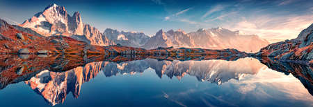 Panoramic autumn view of Cheserys lake with Mount Blank on background, Chamonix location. Spectacular outdoor scene of Vallon de Berard Nature Preserve, Alps, France, Europe.の写真素材